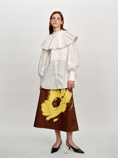 SERRER Bright yellow daisy print brown skirt - LOGAN.