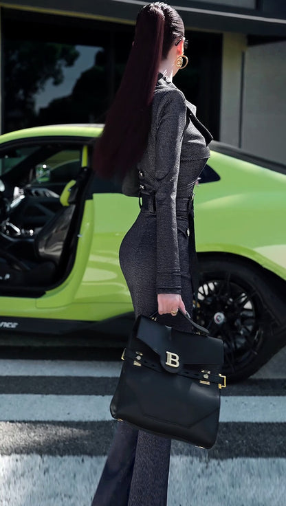 VJE slim trench coat jacket micro flared pants two-piece outfit set-YAN.