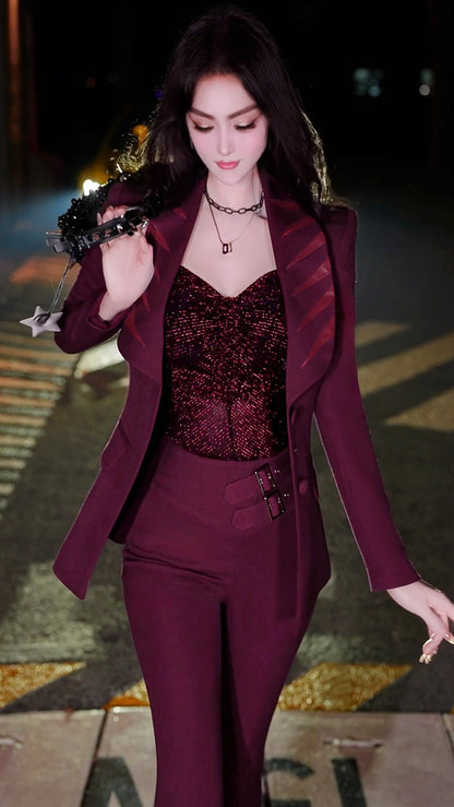 VJE  Burgundy Spliced Small Pants Two-Piece Set  Suit - HANS?