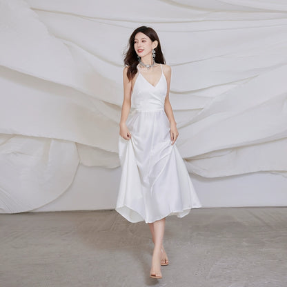 DOLLY Elegant French Style Satin V-Neck Sleeveless Backless Banquet Dress-XENA