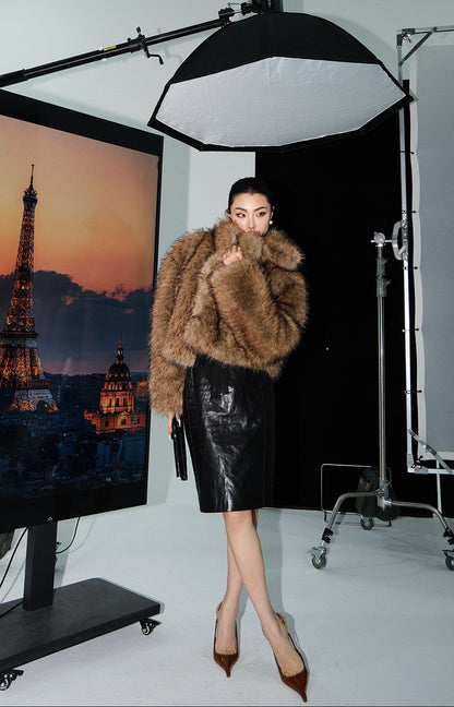 MEI SANGUAN coffee color short eco-friendly fur jacket - FRANSISCO