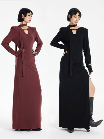 TINY IN lace-up cut-out waist slit maxi dress-MOTO