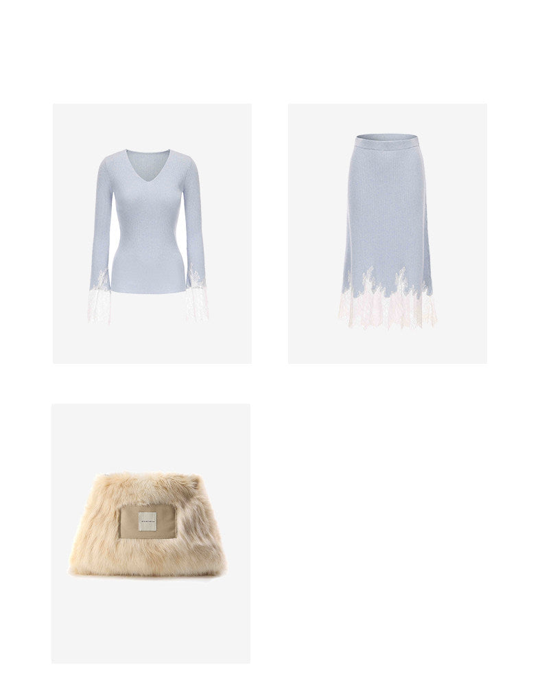 ATELIER MISS LU Fall/Winter elongated lace panelled cashmere wool skirt - JOY