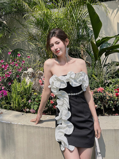 DOLLY Elegant Black Off Shoulder White Ruffle Tube Top Short Date Dress-JAJA