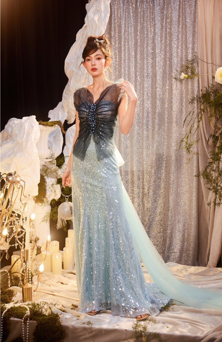 DOLLY Elegant Gradient Blue Sleeveless Off Shoulder Sequin Dress-SANDY