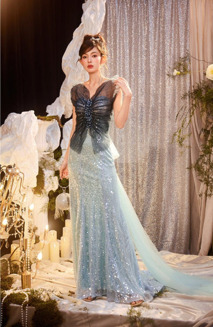 DOLLY Elegant Gradient Blue Sleeveless Off Shoulder Sequin Dress-SANDY