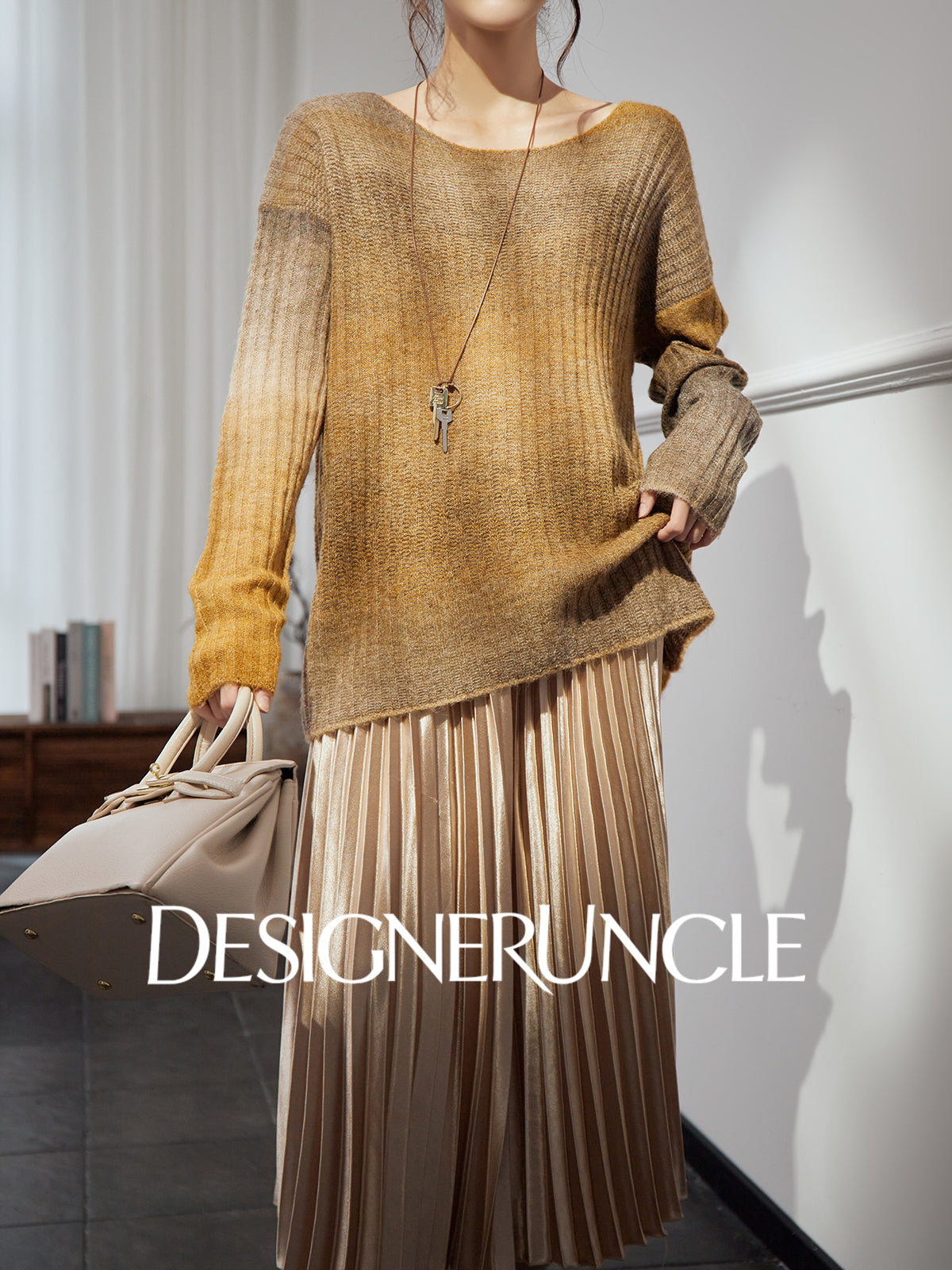 DGU "Tan Oak" khaki wool knitted new versatile slimming high-end design top - Noa.