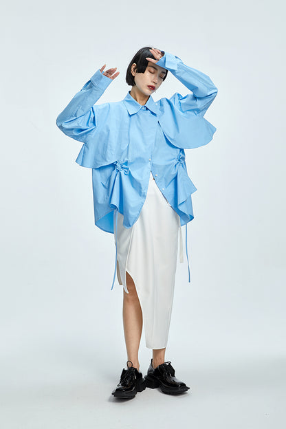TINY IN  two irregular drawstrings waist cinching blue white shirts-DANTE