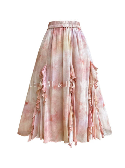 LE VENT& TES AILES Spring summer elegant multicolor silk smudged floral shirt skirt-ENE