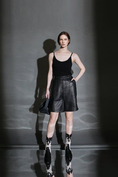 PIAOIN Short Straight Leather Soft Shorts Thin Pants Versatile Spring-BELLA