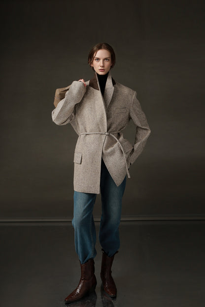 PIAOIN Retro Blazer Wool Jacket Women's Niche Suit Top Commuter Versatile- BEX