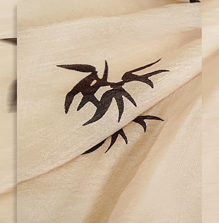 HECO Chinese irregular pleated camisole bamboo leaf print long dress- ROCK .