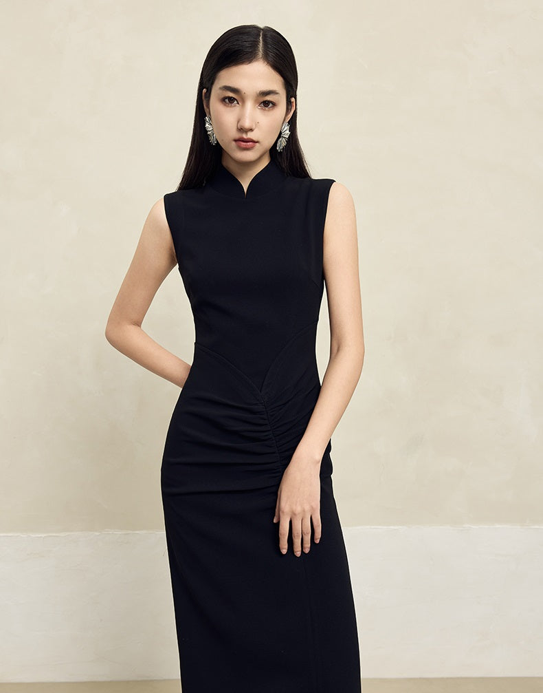 HECO Acetate Waist Black White Pleated Slim Dress Women - EARTH.