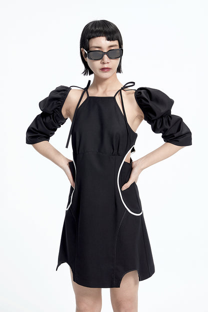 TINY IN panelled detachable sleeve in black dress -COPPER