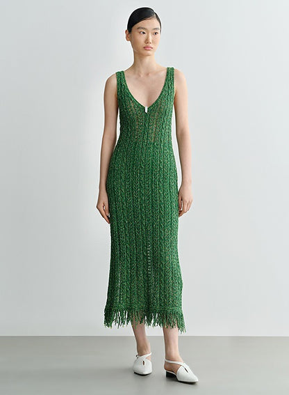 COMME MOI Lv Yan Designer Spring Women's V-Neck Sandwich Color Cutout Knit Dress - NATALIE.