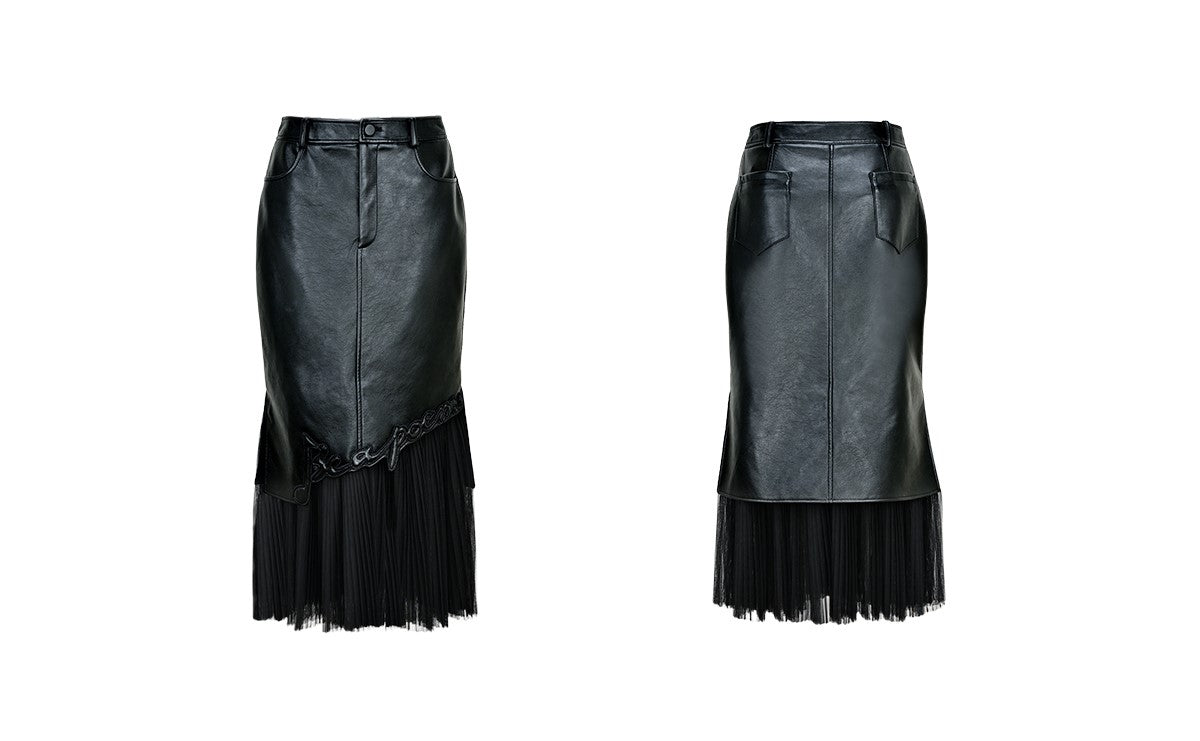 YES BY YESIR  mesh spliced mermaid leather skirt - RASP.