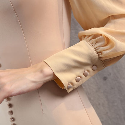 DOLLY Elegant French Style Square Collar Long Puff Sleeve Satin Mini Dinner Dress-PERACH