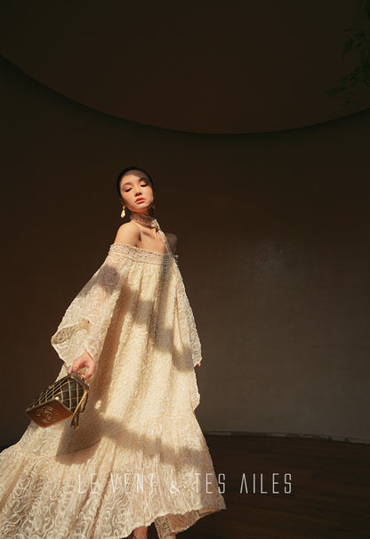 LE VENT&TES AILES Luxury off-Shoulder Lace Jacquard 3d Detailing white Dress- ZORA