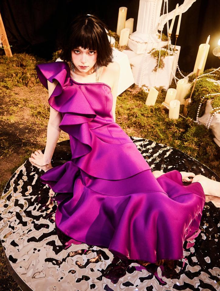 DOLLY Elegant Retro Style Deep Purple Ruffled Off Shoulder Midi Dress-PINKY