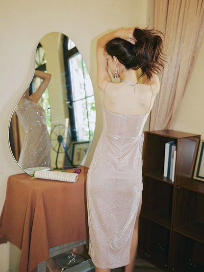 DOLLY Elegant Sleeveless Purple Thin Strap Suspender Sequin Dinner Dress-YESENIA