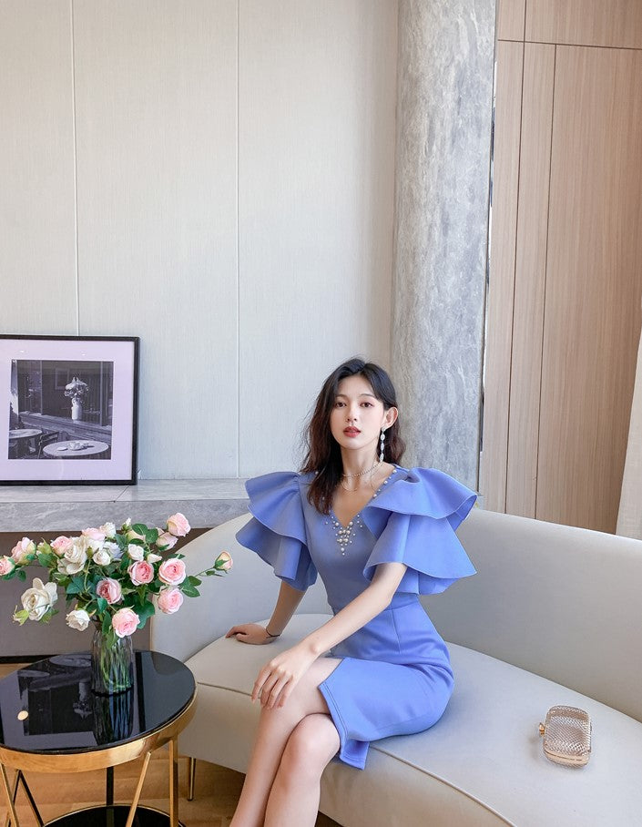 DOLLY Elegant V-Neck Short Ruffle Sleeves Slim Fit Midi Slit Office Dress- ilLA