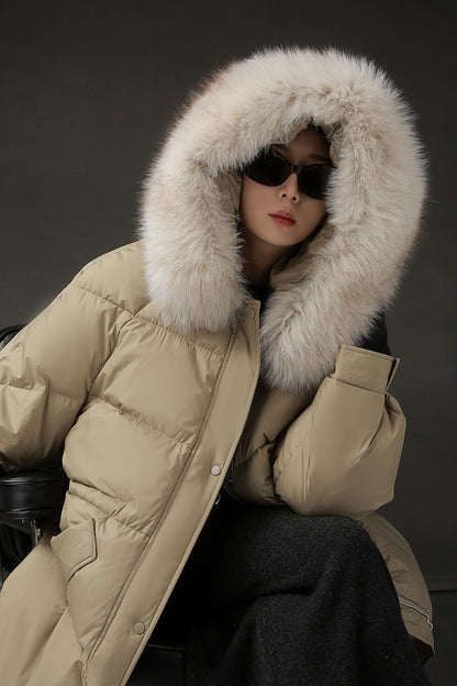 PIAOIN Korean Edition Casual Long Down Thickened Hooded Coat Versatile Jacket-TIA