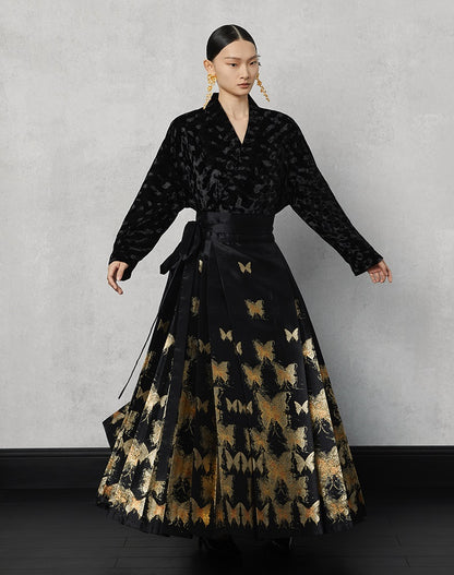 HECO Butterfly Hanfu High Waisted Pleated Long Skirt - rain.