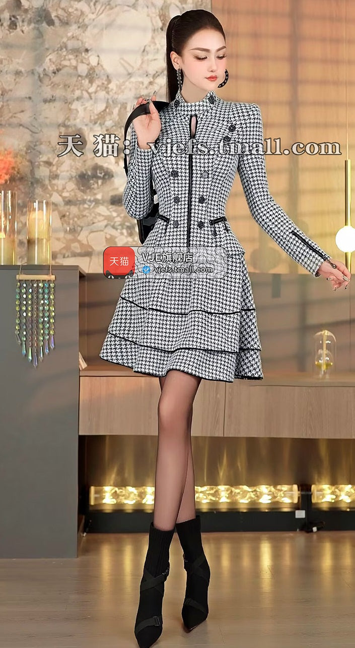 VJE Houndstooth Waist Suit Skirt Top Puffy Skirt Two-Piece Set-AERA.