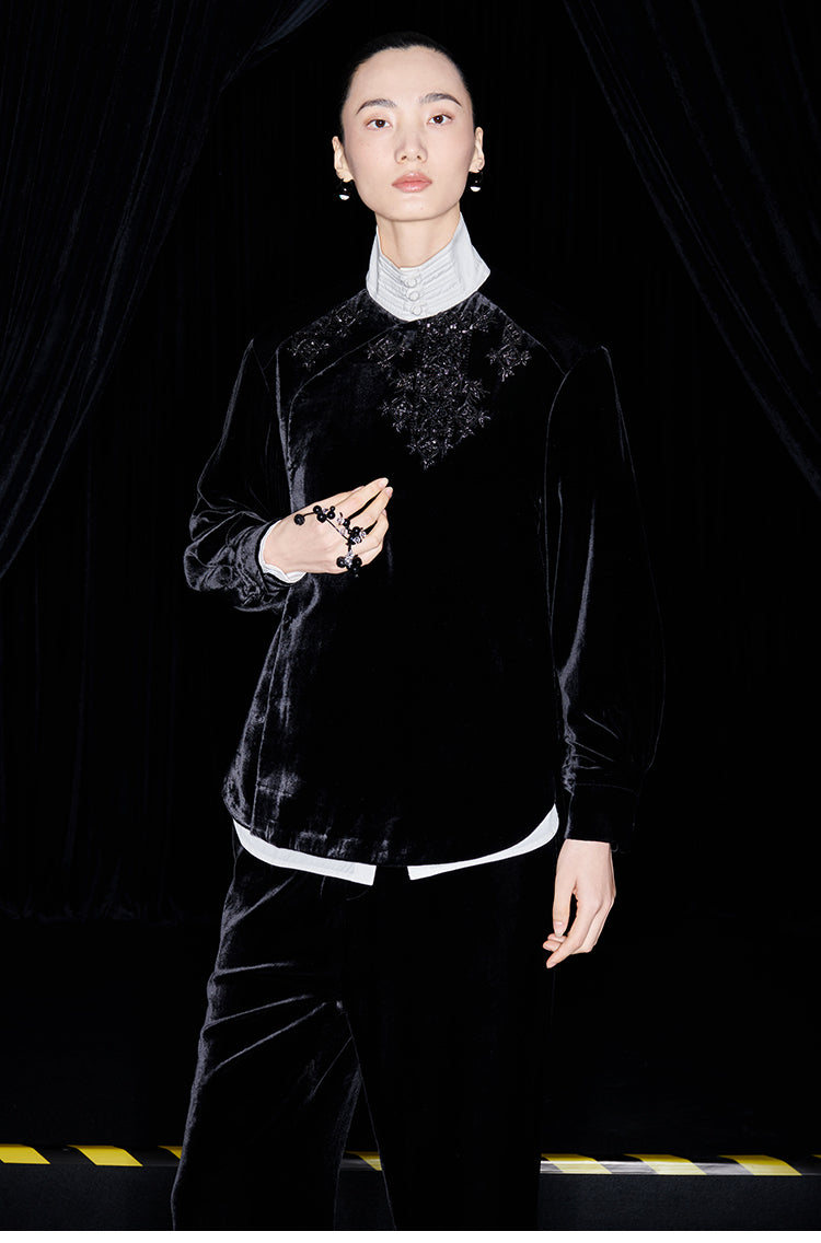 M essential Mackay designer Indian silk embroidered silhouette velvet top pant set- buck.