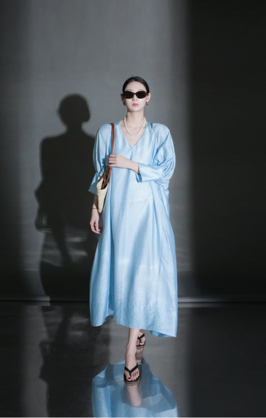 PIAOIN French lustrous tencel  oose pleated V-neck dress- ROSE