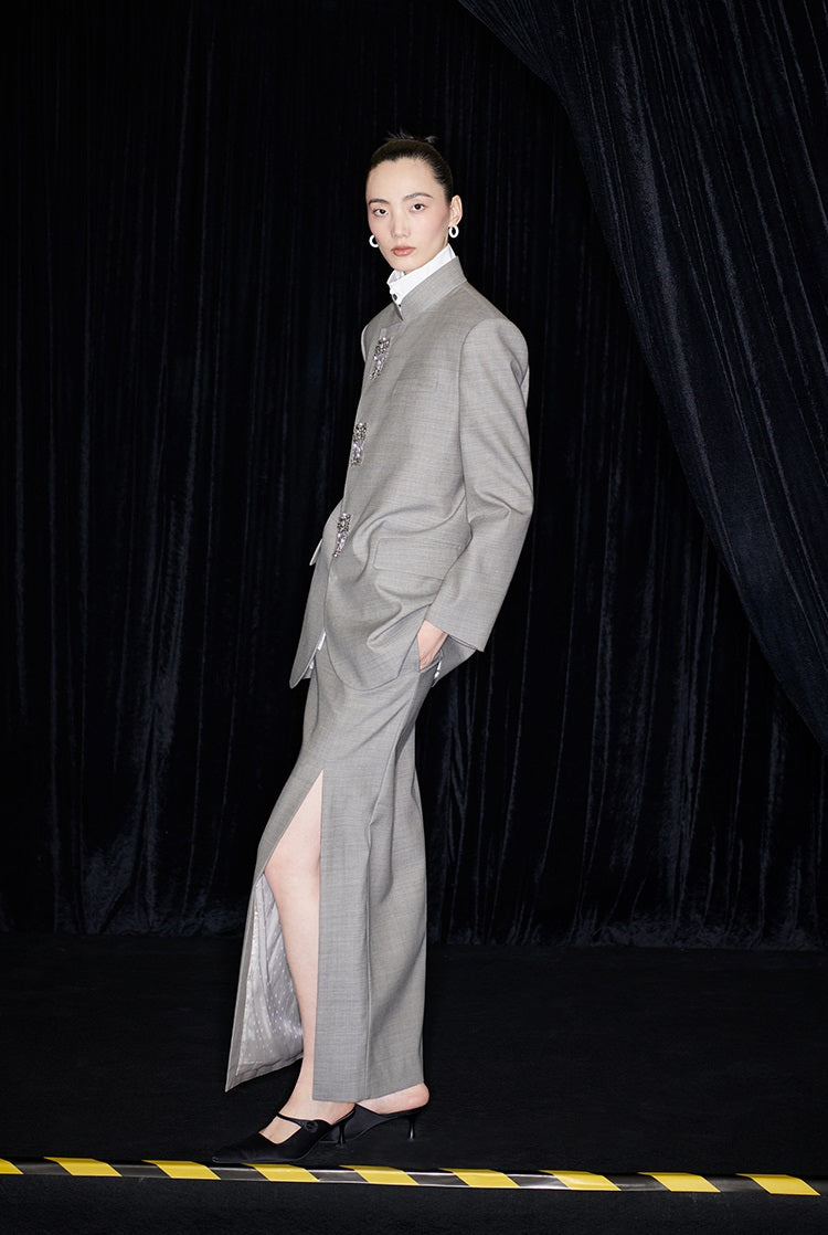 M essential Mackay designer raw linen skinny wool crystal lamp tassel bead suit - CHEN.