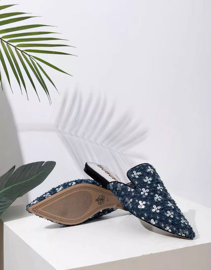 B-FEI'S Denim Sequin Pointed Toe Casual Flat Mules-MATT.