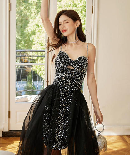 DOLLY Luxury Black Sleeveless Sequin Mesh Ribbon Birthday Dress-CARAMEL