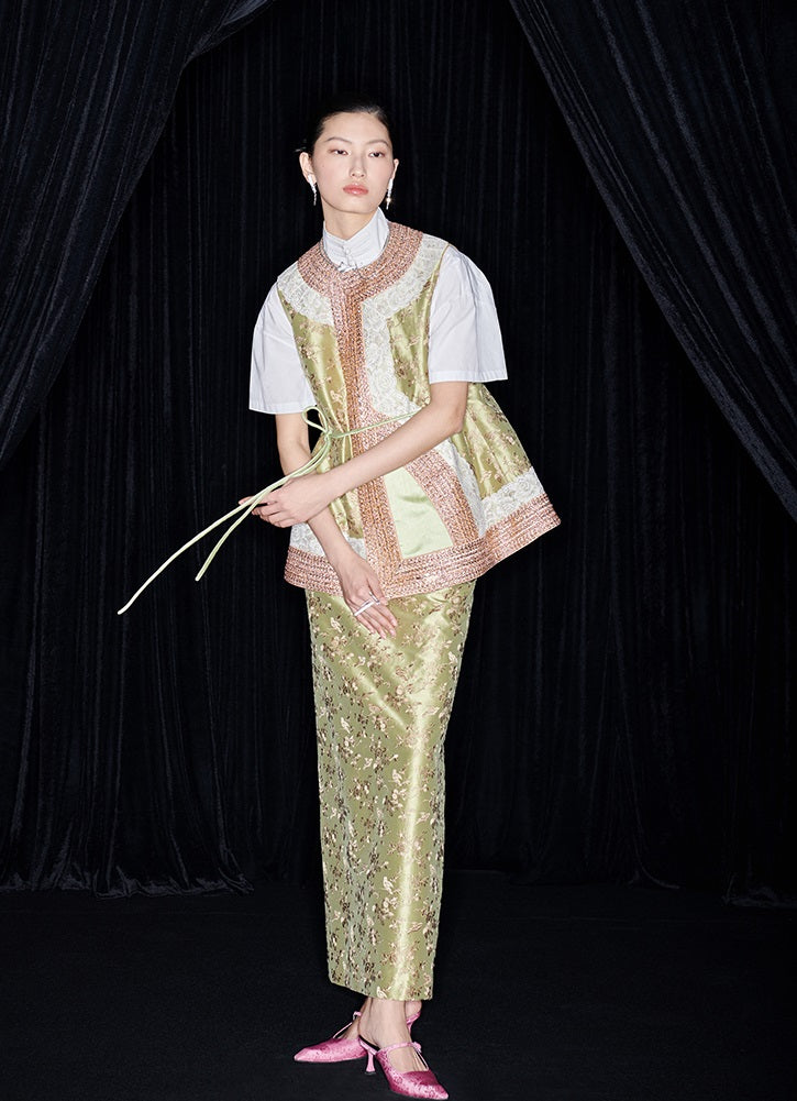 M essential Mackay designer colour-block placket vest  pencil skirt- Victoria.