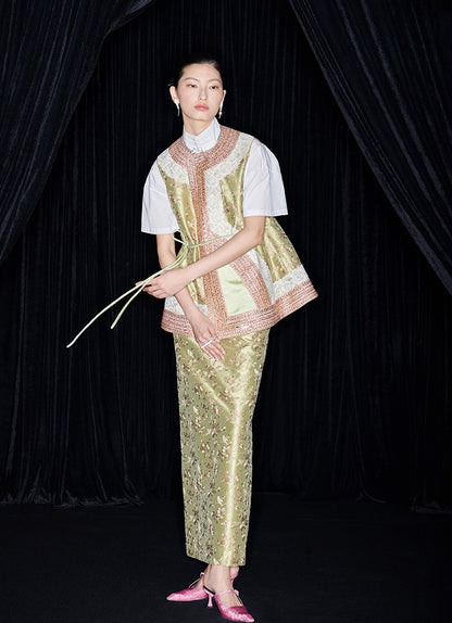 M essential Mackay designer colour-block placket vest  pencil skirt- Victoria.