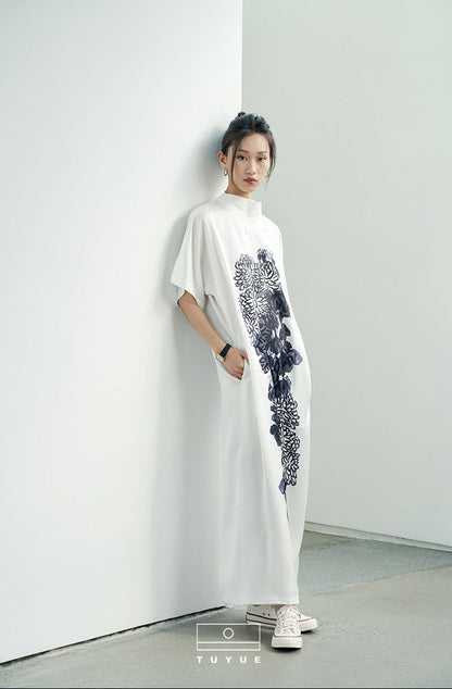TUYUE Chinese painting print turtleneck satin dress - FELIX.