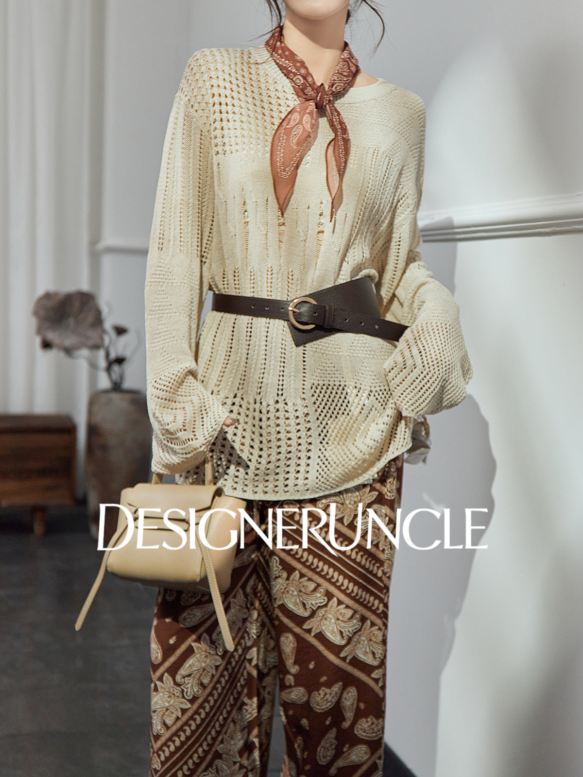 DGU| Khaki Knitted Sweater Hollow Design Niche Loose Top - Felicia.