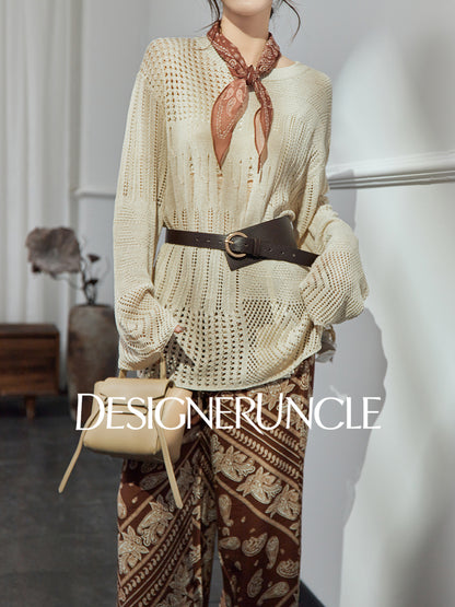 DGU| Khaki Knitted Sweater Hollow Design Niche Loose Top - Felicia.