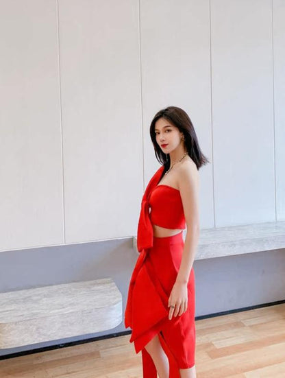 Dolly High End Sleeveless Big Bow Off Shoulder Tube Top +High Waist Irregular Skirt-LULA