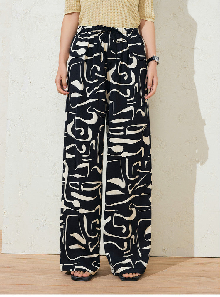 Sushe Neo-Bohemian Tencel linen print drawstring tie wide-leg slacks -JULIET