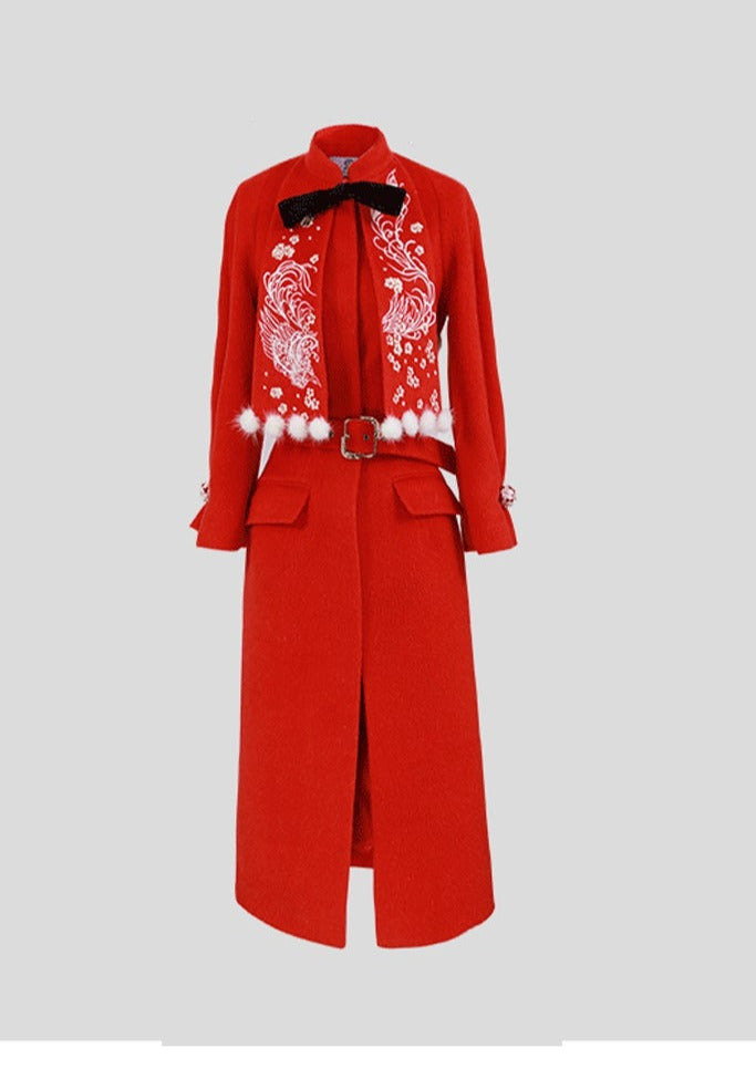 Magic Q's red embroidered mink furball embellished shawl collar wool coat - Nik