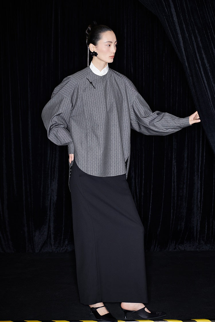 M essential Mackay designer sand diamond grey stripe diamond buckle silhouette shirt - ESHE .