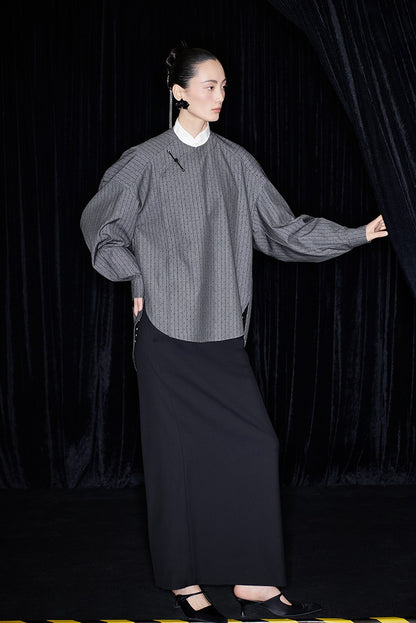 M essential Mackay designer sand diamond grey stripe diamond buckle silhouette shirt - ESHE .