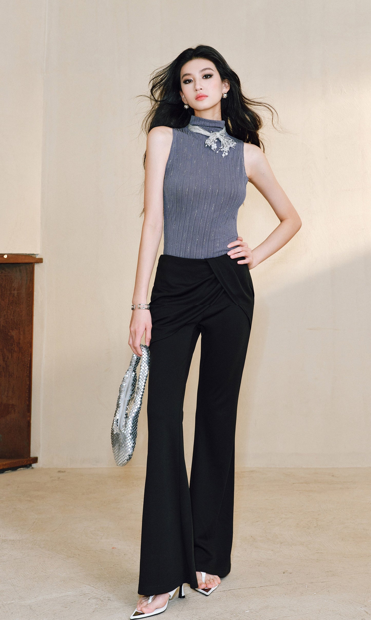 WANGXO Smooth Modal Cupro Beads Low-Waisted Slim Flared Layered Pants - SELMA