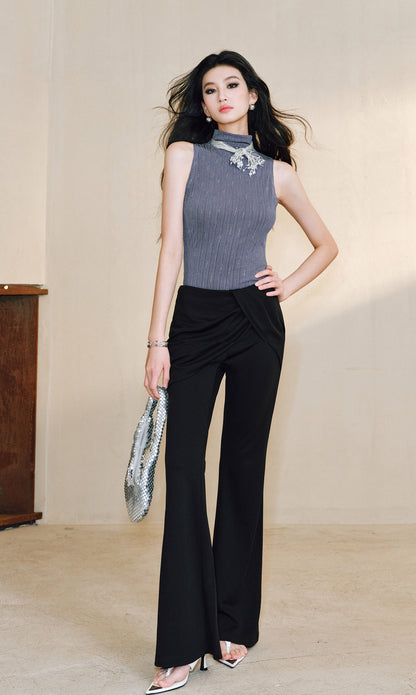 WANGXO Smooth Modal Cupro Beads Low-Waisted Slim Flared Layered Pants - SELMA
