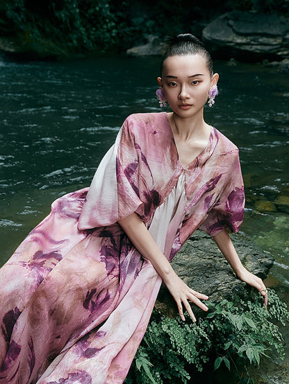 HECO Chinese Silk V-neck Dress Summer Elegant Floral Slim Long dress - GINE .