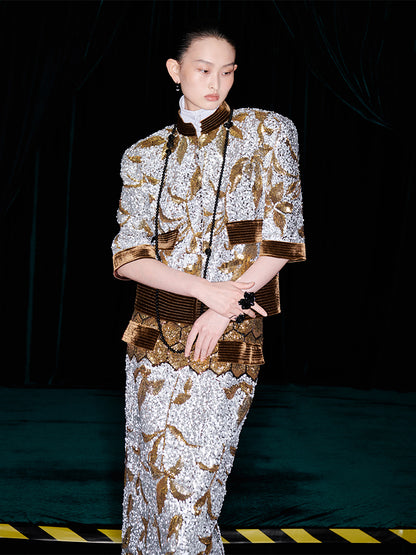 M essential Mackay luxury brown silver stand collar short seuins  jacket top pencil skirt set - sans.