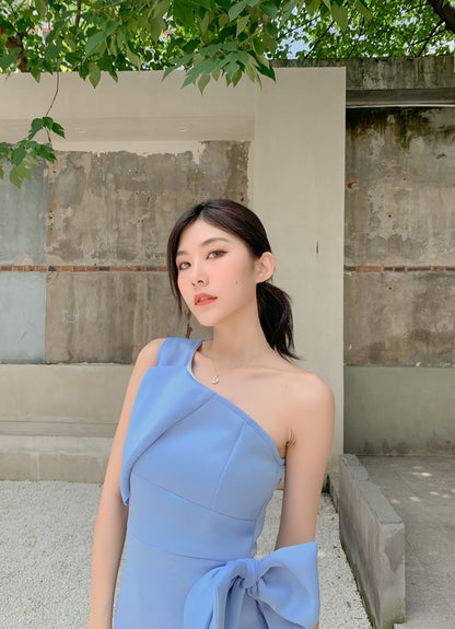 DOLLY Elegant French Style Slant Collar Sleeveless High Waist Midi Dress-QUINNE