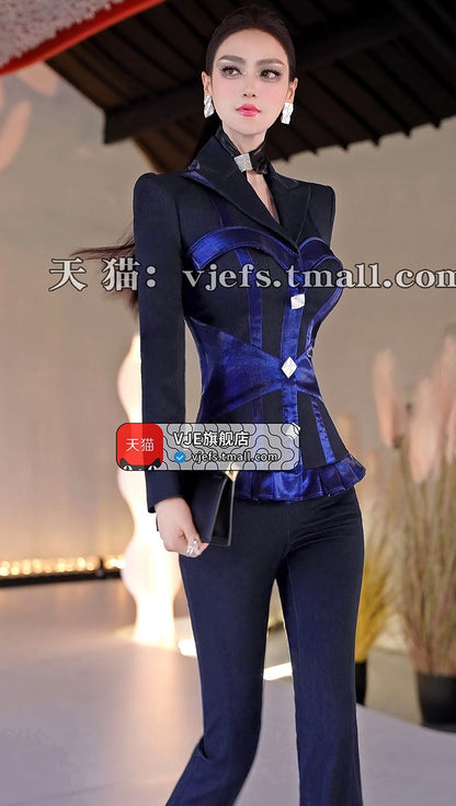 VJE  Denim Suit Single-Breasted Suit Micro Flared Pants Two-Piece Set - GOYA.