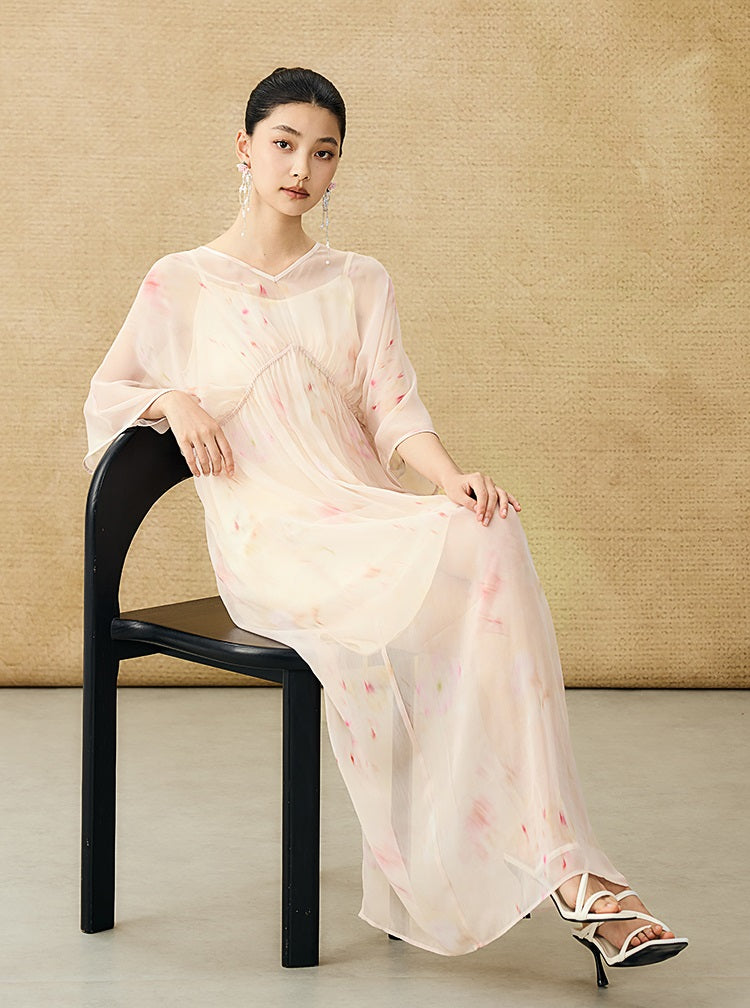 HECO Chinese Resort Style Flowing V-neck Dress - STONE.